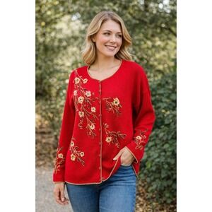 Carolina Colours Embroidered Red Cardigan XL Floral Button Up Boho Vintage Style